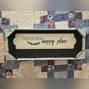 True Living "This Is Our Happy Place" Wall Plaque With 4 Hooks, Coat Rack, Hats